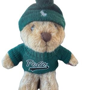 Polo Ralph Lauren teddy bear. Small plush green hat and sweater